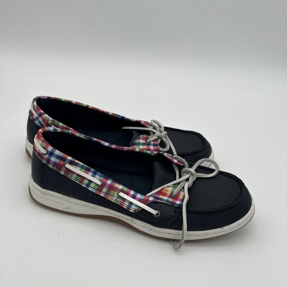 Falls Creek Womens Size 10 Plaid & Navy Boat Shoes Casual Slip-On Style - Picture 2 of 6